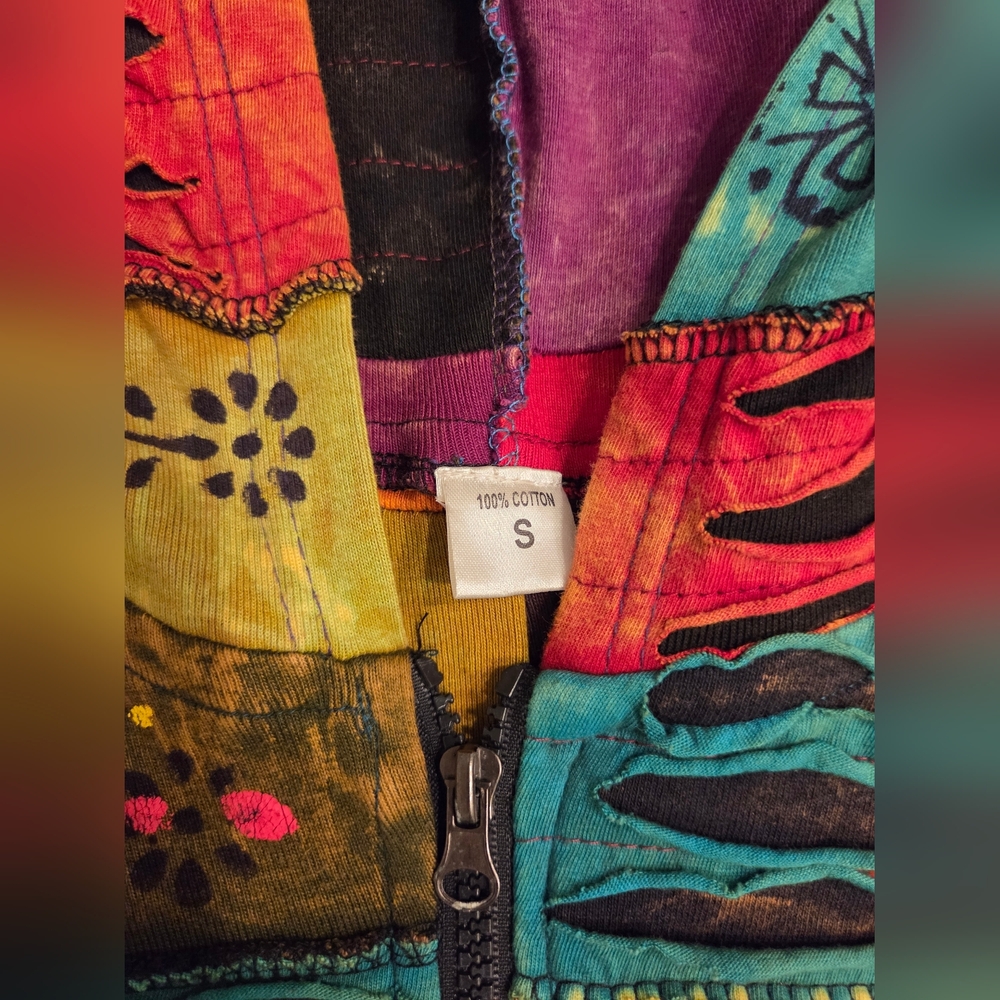 Multi-Color Patchwork Zip Up Hoodie Women’s Size Small Hippie - Picture 3 of 3